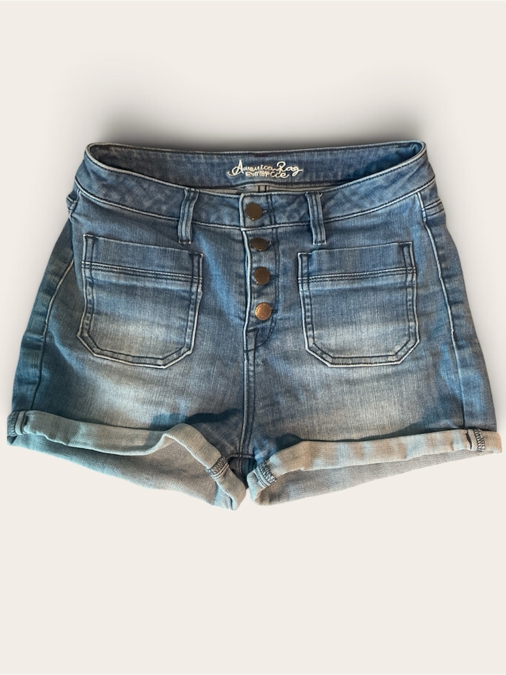American Rag High Waist Button-Front Denim Shorts in Light Blue Wash